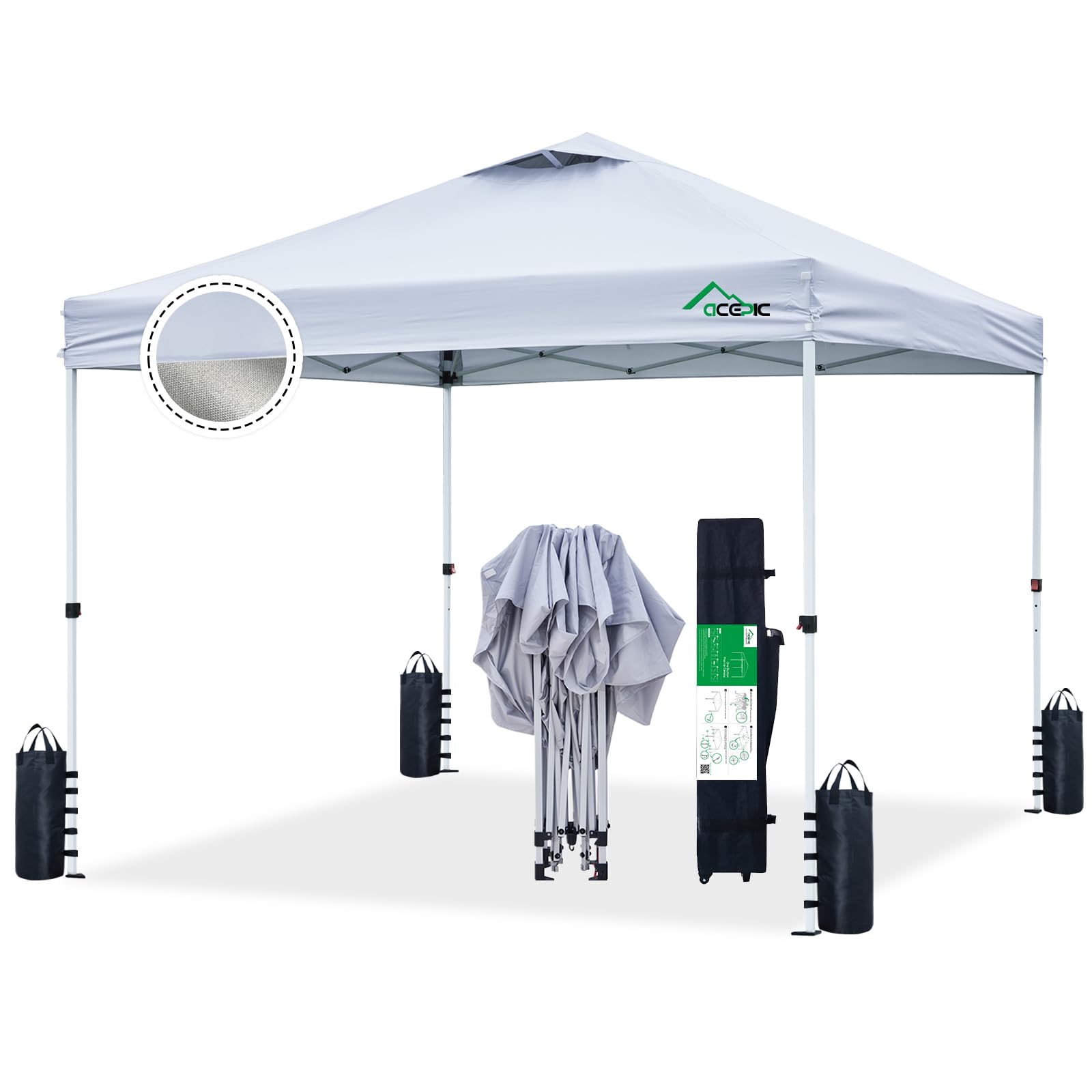 Acepic,10x10 Pop Up Canopy Tent,300D Silver-Coating Top,Pop Up Canopy Tent Instant Portable Shelter with 1-Button Push and Wheel Carry Bag, 8 Stakes and 4 Upgrade Heavy Duty Canopy Weights (White)