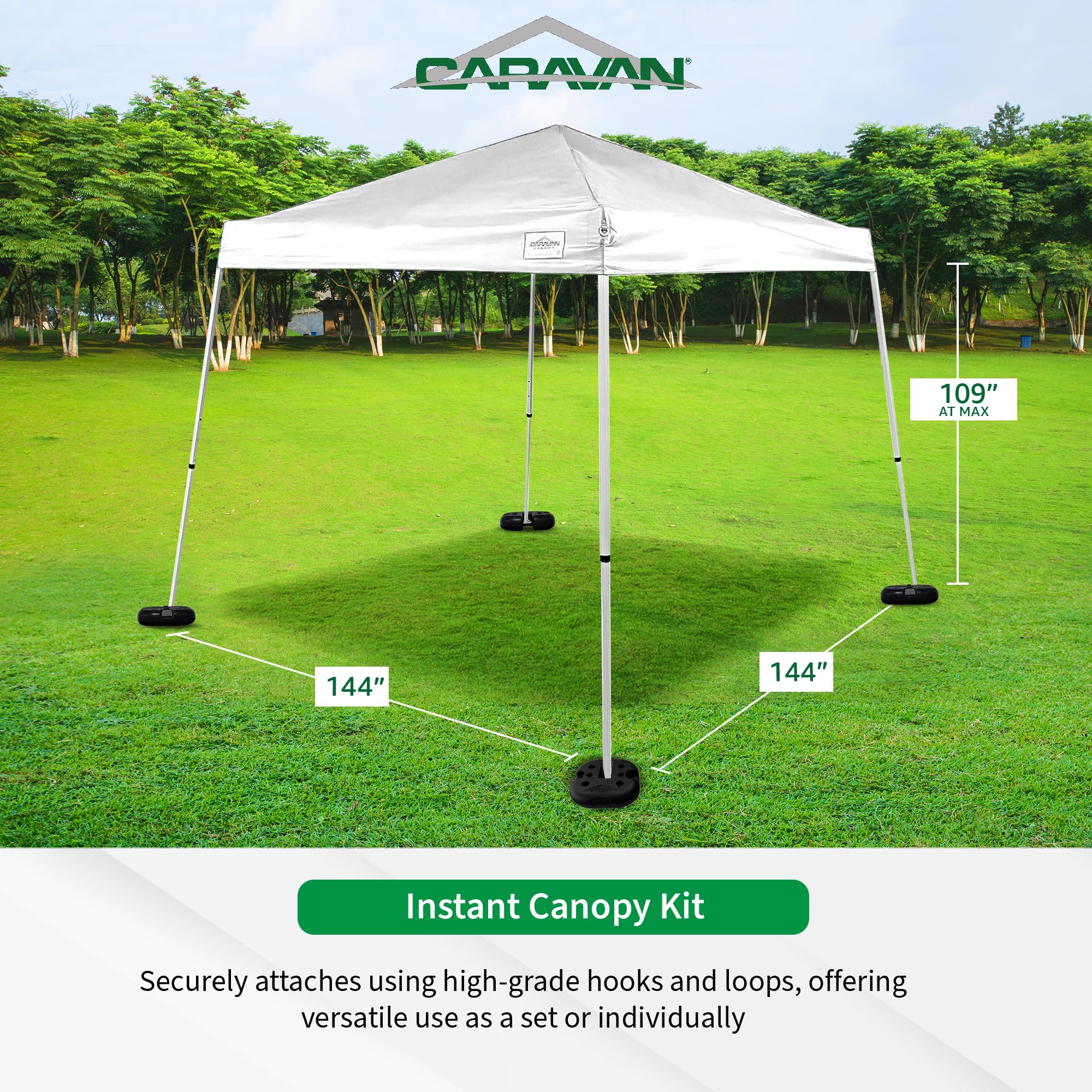 Caravan Canopy V-Series 12 x 12' Tent Sidewalls with V-Series 2 12 x 12' Pop-Up Tent Slanted Leg Instant Canopy & 4 6-Pound Cement Weight Plates