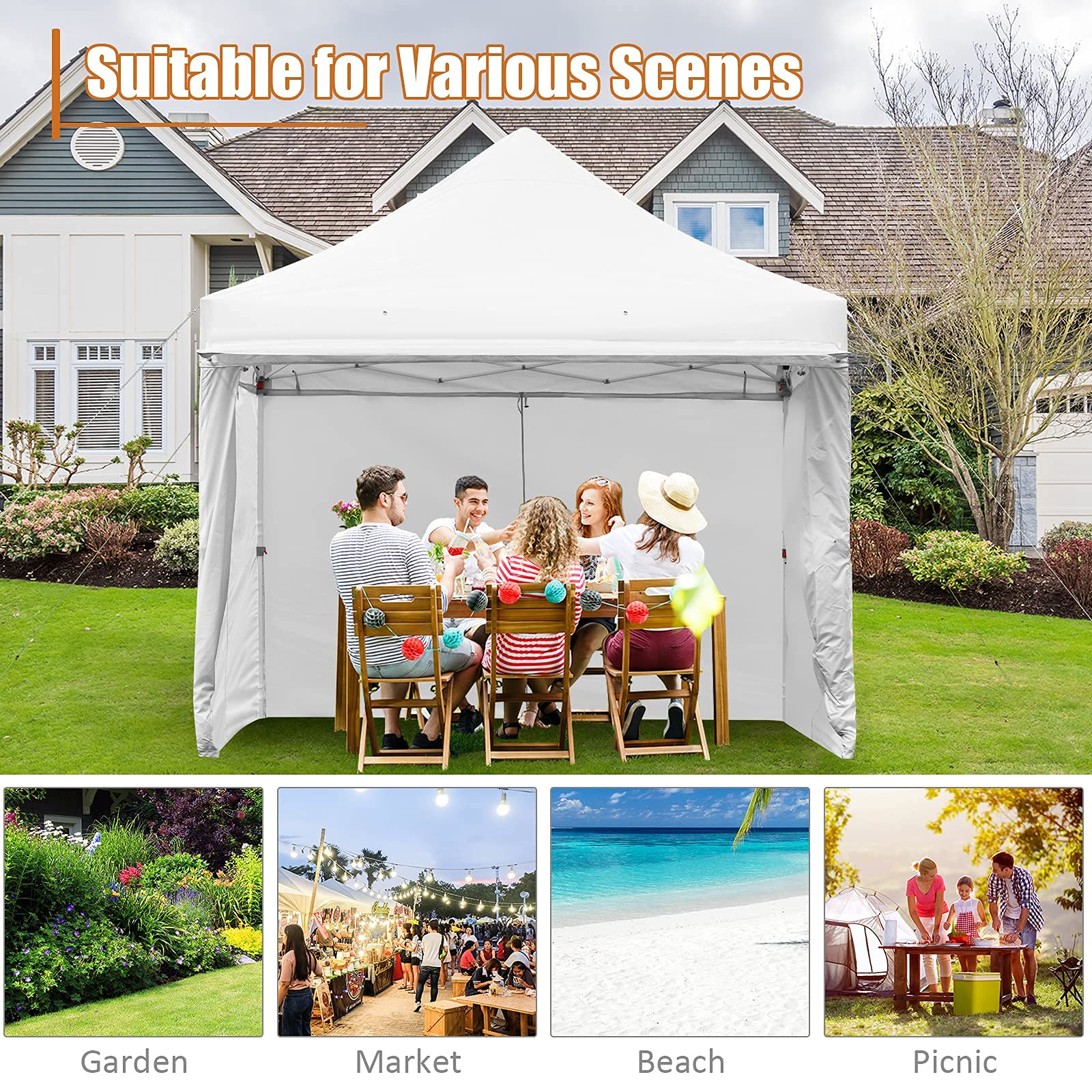 Tangkula 10x10ft Pop up Canopy Tent, Commercial Instant Canopy with 5 Removable Zippered Sidewalls & Extended Awning, Portable Market Canopy Tent with 4 Sand Bags, 8 Stakes, 4 Ropes & Roller Bag