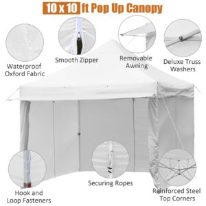 Tangkula 10x10ft Pop up Canopy Tent, Commercial Instant Canopy with 5 Removable Zippered Sidewalls & Extended Awning, Portable Market Canopy Tent with 4 Sand Bags, 8 Stakes, 4 Ropes & Roller Bag