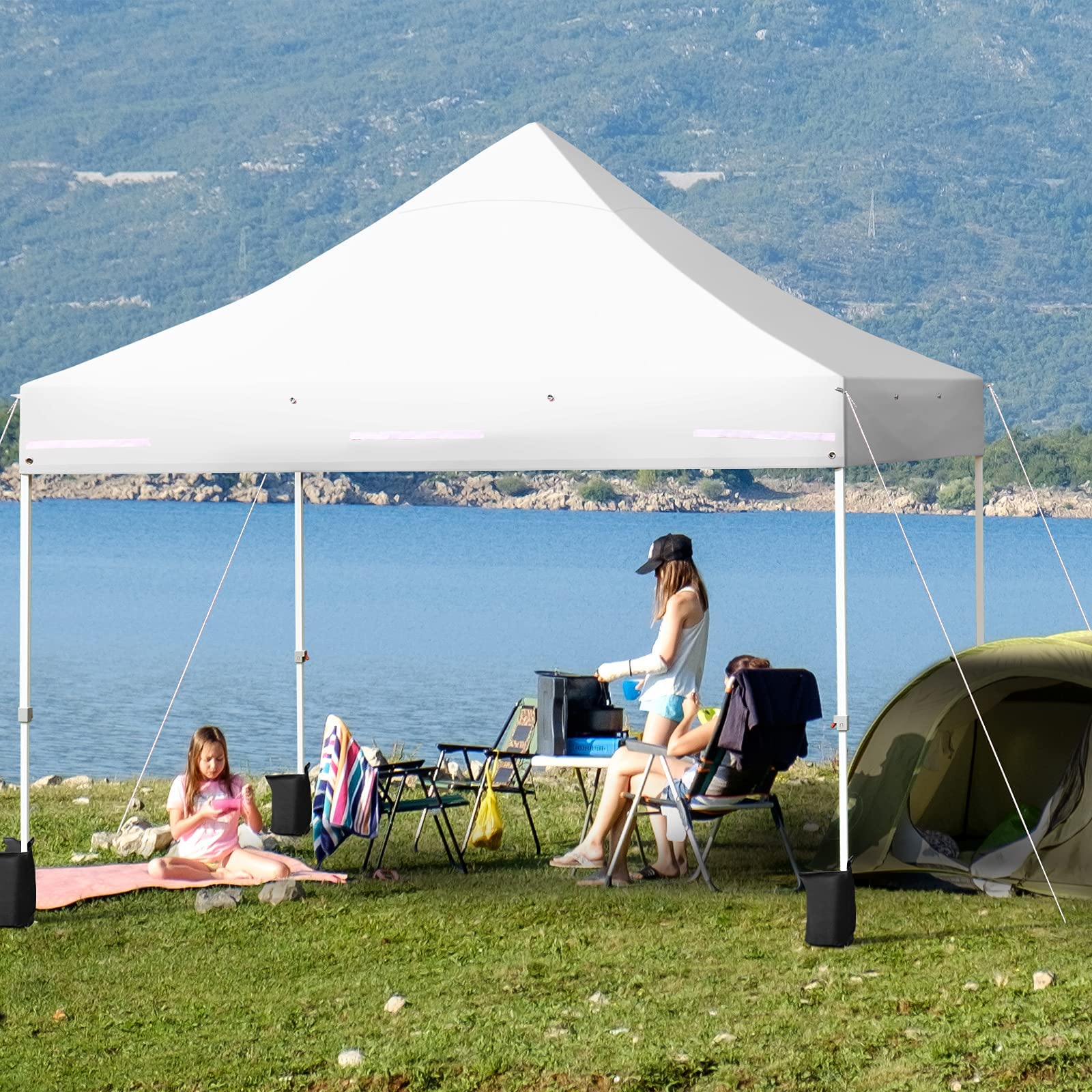 Tangkula 10x10ft Pop up Canopy Tent, Commercial Instant Canopy with 5 Removable Zippered Sidewalls & Extended Awning, Portable Market Canopy Tent with 4 Sand Bags, 8 Stakes, 4 Ropes & Roller Bag