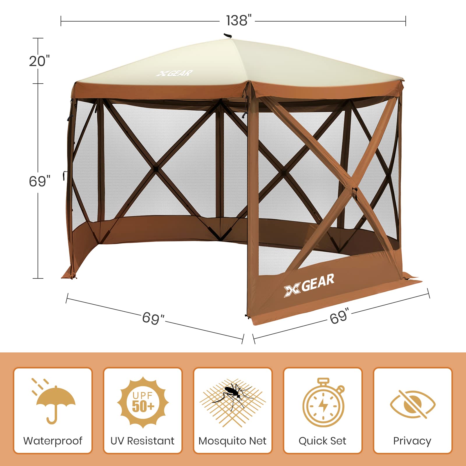 XGEAR 6 Sided Pop Up Camping Gazebo 11.5’x11.5’ Instant Canopy Tent Sun Shelter Screen House with Mosquito Netting, for Patio, Backyard, Outdoor,Brown