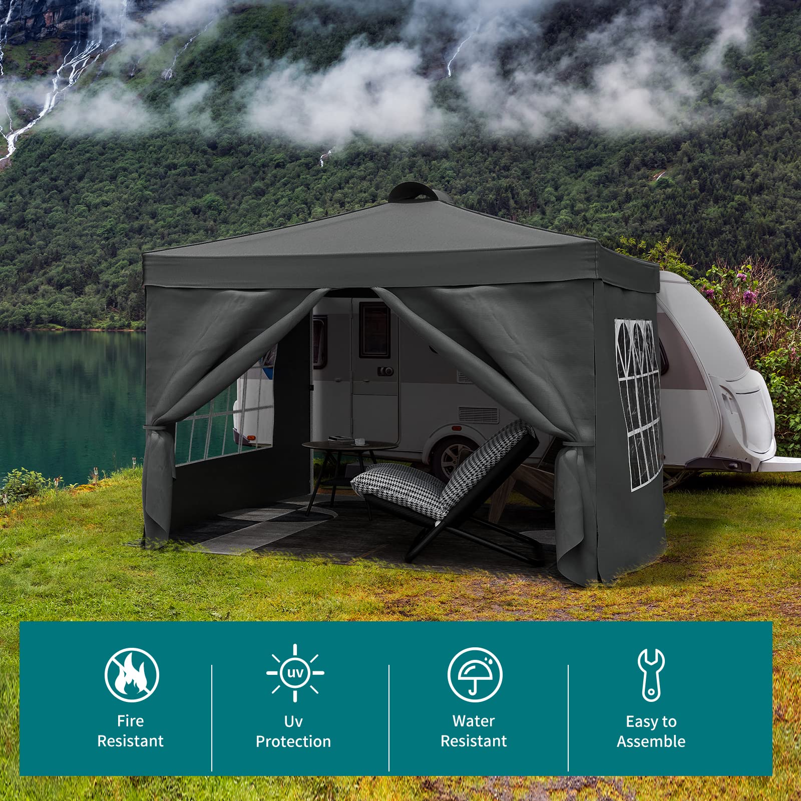 JOINATRE 8 x 8 Pop Up Canopy 4 Removable Sidewalls, Easy Set Up Outdoor Canopy Tent, Instant Folding Ez Up Canopy Commercial Gazebo Shelter, Air Vents, UV Protection with Carry Bag (Black)