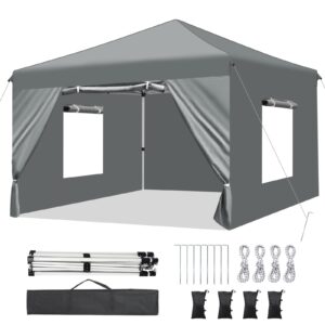 rholuta 10x10 pop up canopy tent with 4 removable sidewalls, ez pop up outdoor canopy, adjustable waterproof canopy with roller bag, 4 sand bags, 4 ropes and 8 stakes