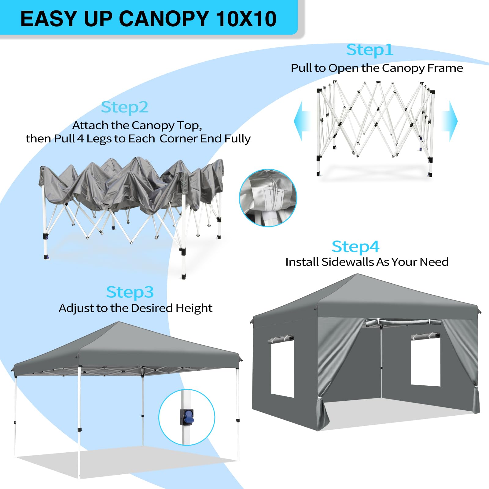 RHOLUTA 10x10 Pop Up Canopy Tent with 4 Removable Sidewalls, Ez Pop Up Outdoor Canopy, Adjustable Waterproof Canopy with Roller Bag, 4 Sand Bags, 4 Ropes and 8 Stakes