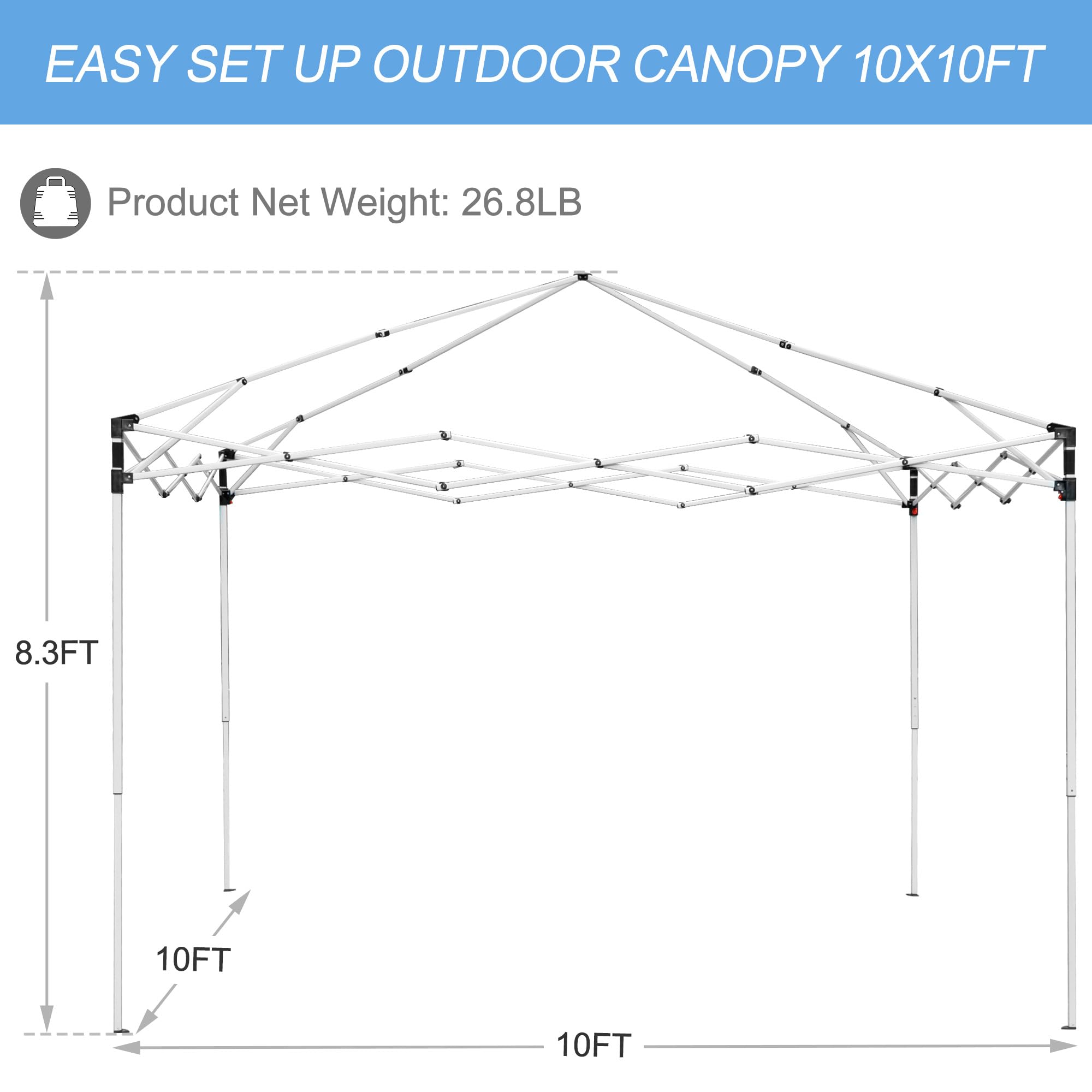 ZENY 10x10 Pop Up Canopy Tent Portable Outdoor Canopy Tent for Parties Camping Patio Gazobo Instant Shelter Beach Sun Shade, Height Adjustable Straight Legs, Waterproof UV Resistant, Wheeled Carry Bag