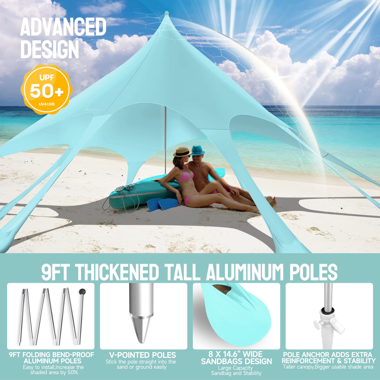 Watato Beach Tent Canopy Pop Up Shade Sun Shelter 10x10ft Portable Family Sunshade UPF50+ with 8 Sandbags-2 Sand Shovel-Easy Foldable Pole-Pole Anchor-Ground Pegs-Carrying Bag for Outdoor Camping