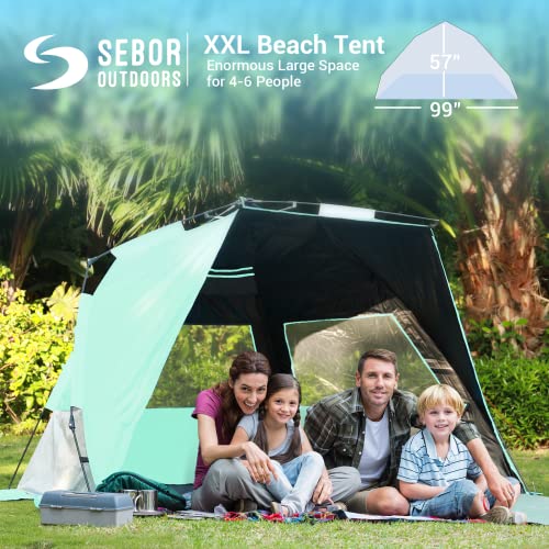 SEBOR Beach Tent, Deluxe XL Pop-up Beach Tent for 4-6 Person, UPF 50+ with Dark Shelter Technology, Easy Set Up and Portable Beach Tent Sun Shelter (Mint Green)