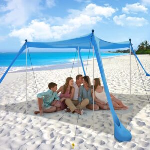 beach tent sun shelter with upf 50+ uv protection, beach canopy sun shade 11x11 ft with sandbags, poles and ground pegs and anti-wind ropes, pop up tent for camping, backyard and picnics