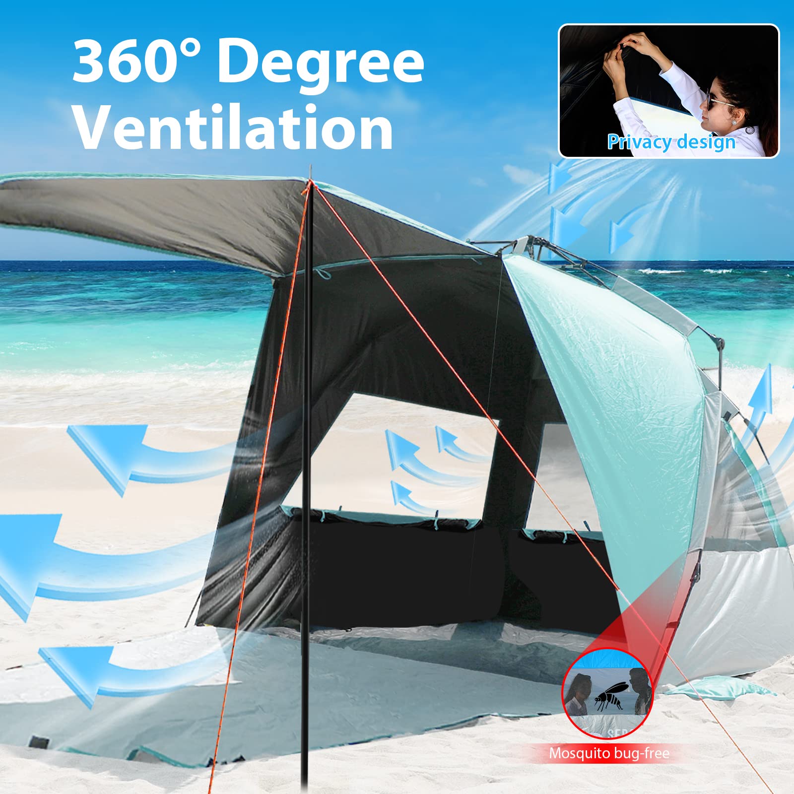 SEBOR Beach Tent, Deluxe XL Pop-up Canopy Cabana Beach Shade Tent for 4-6 Person, UPF 50+ with Dark Shelter Technology, Easy Set Up and Portable Beach Tent Sun Shelter (Mint Green)