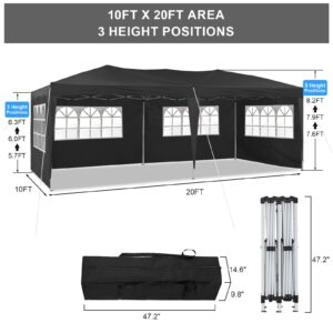 TUKAILAI 10' x 20' Pop Up Gazebo Marquee, Anti-UV Party Wedding Tent Event Shelters with 6 Removable Sidewalls & Carry Bag, Heavy Duty Instant Canopy for Outdoor Camping Garden Patio (Black)