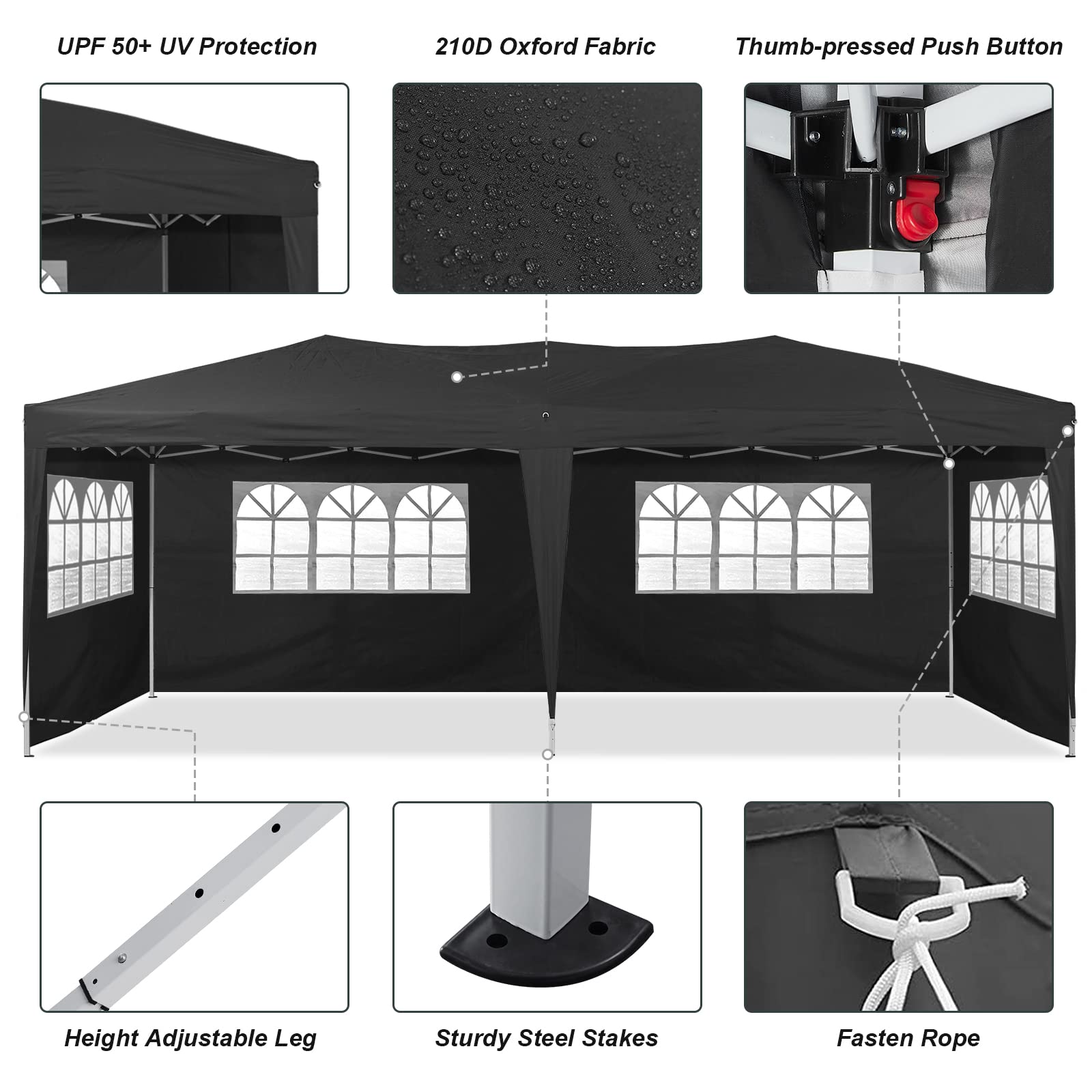 TUKAILAI 10' x 20' Pop Up Gazebo Marquee, Anti-UV Party Wedding Tent Event Shelters with 6 Removable Sidewalls & Carry Bag, Heavy Duty Instant Canopy for Outdoor Camping Garden Patio (Black)