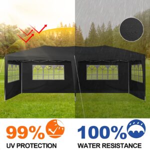 TUKAILAI 10' x 20' Pop Up Gazebo Marquee, Anti-UV Party Wedding Tent Event Shelters with 6 Removable Sidewalls & Carry Bag, Heavy Duty Instant Canopy for Outdoor Camping Garden Patio (Black)