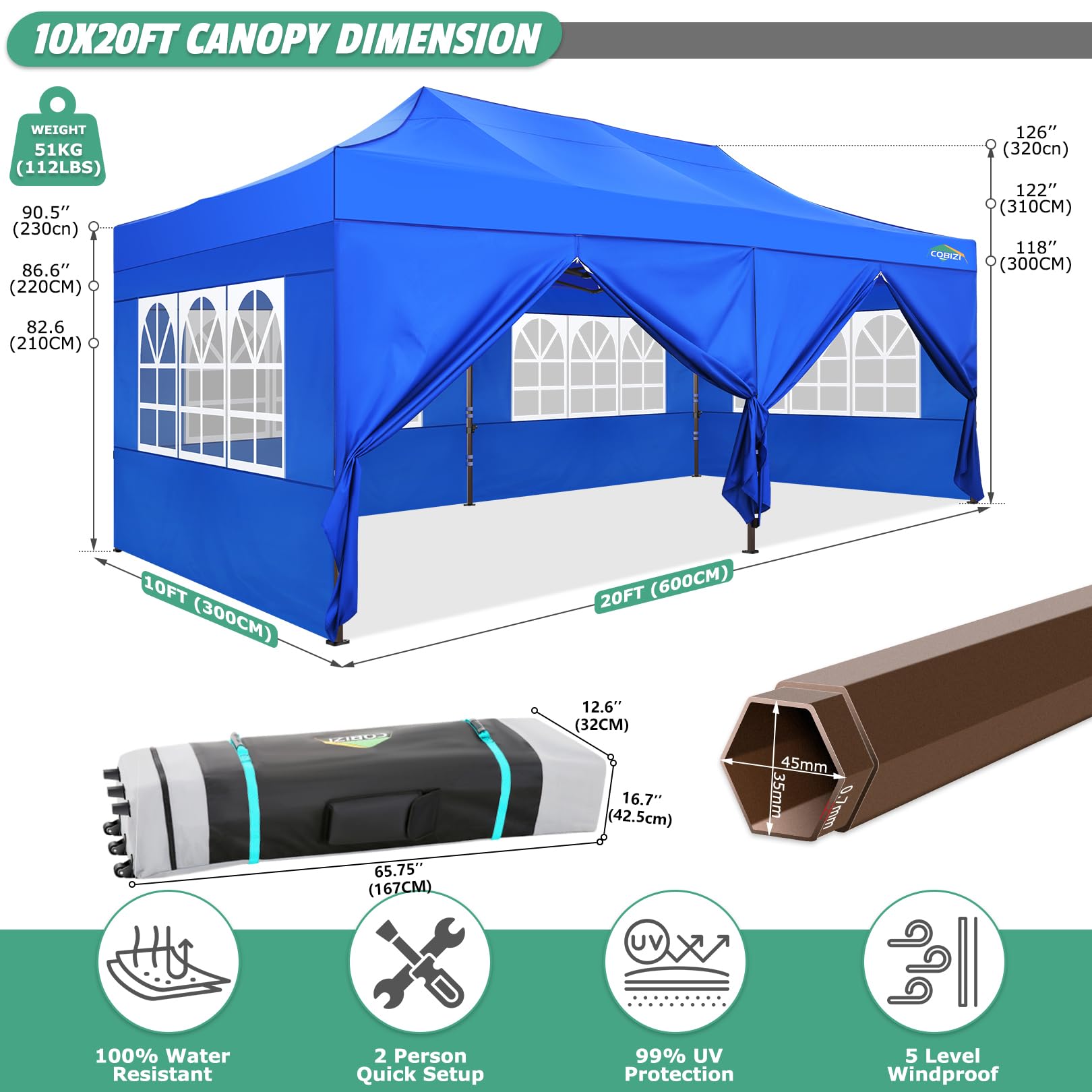 COBIZI 10x20 Pop Up Canopy Tent Heavy Duty with 6 Removable Sidewalls, Commercial Heavy Duty Pop Up Tent for Parties All Weather Waterproof and UV 50+ Wedding Tent with Roller Bag(Legs Upgraded)