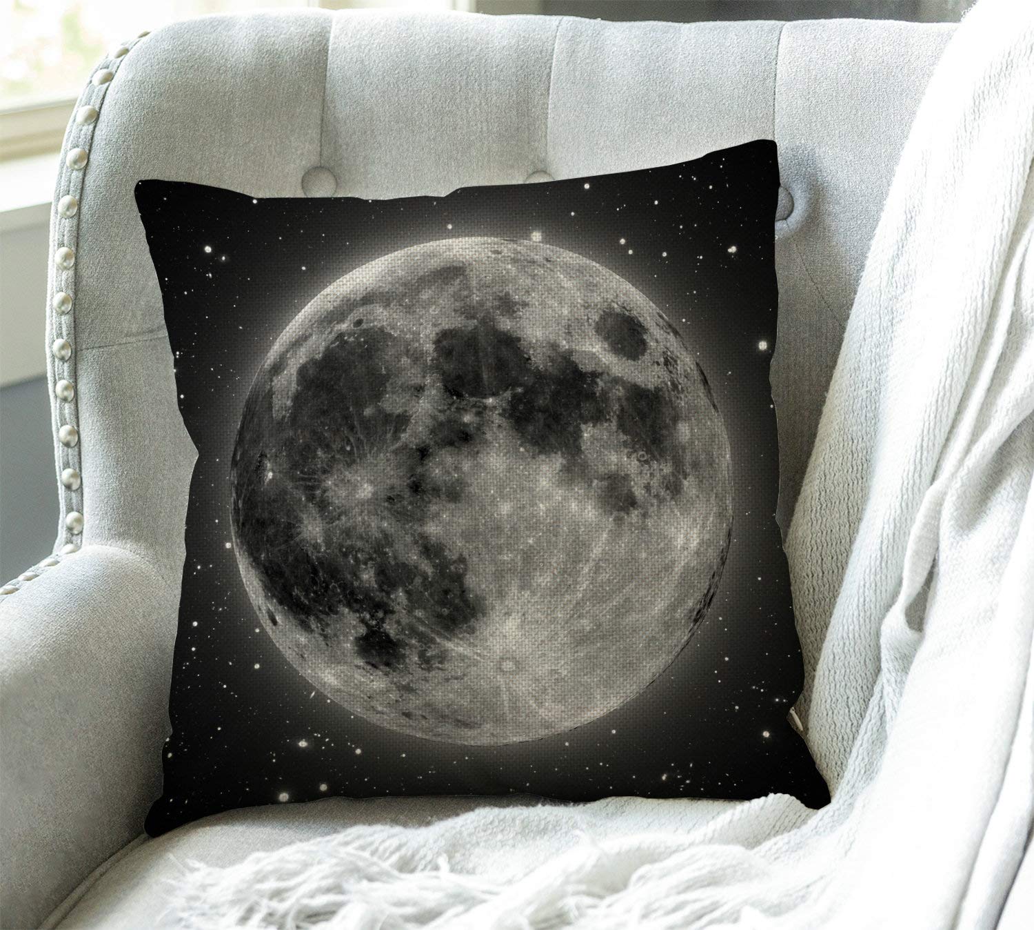 Swono Full Moon with Stars Decorative Cotton Linen Throw Waist Pillow Case Cushion Cover Grey Golden Pillowcase 18x18 Inches