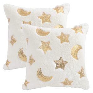 holibeat white moon star sequins pillow covers fur cushion covers 18x18 inch sequins decorationthrow pillow cases (pack of 2)