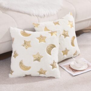 Holibeat White Moon Star Sequins Pillow Covers Fur Cushion Covers 18x18 inch Sequins DecorationThrow Pillow Cases (pack of 2)