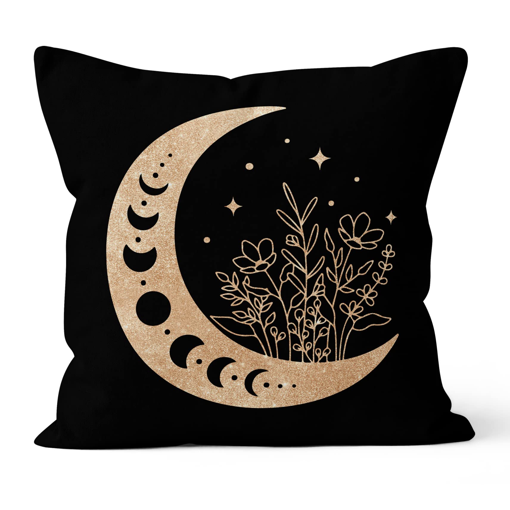 HIWX Abstract Boho Gold Moon Stars Flowers Decorative Pillowcase Throw Pillow Cover, Modern Art Crescent Moon Sky for Sofa Bed Room Home Bohemia Decor 18 x 18 Inch Pillow Case