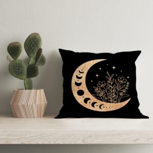 HIWX Abstract Boho Gold Moon Stars Flowers Decorative Pillowcase Throw Pillow Cover, Modern Art Crescent Moon Sky for Sofa Bed Room Home Bohemia Decor 18 x 18 Inch Pillow Case