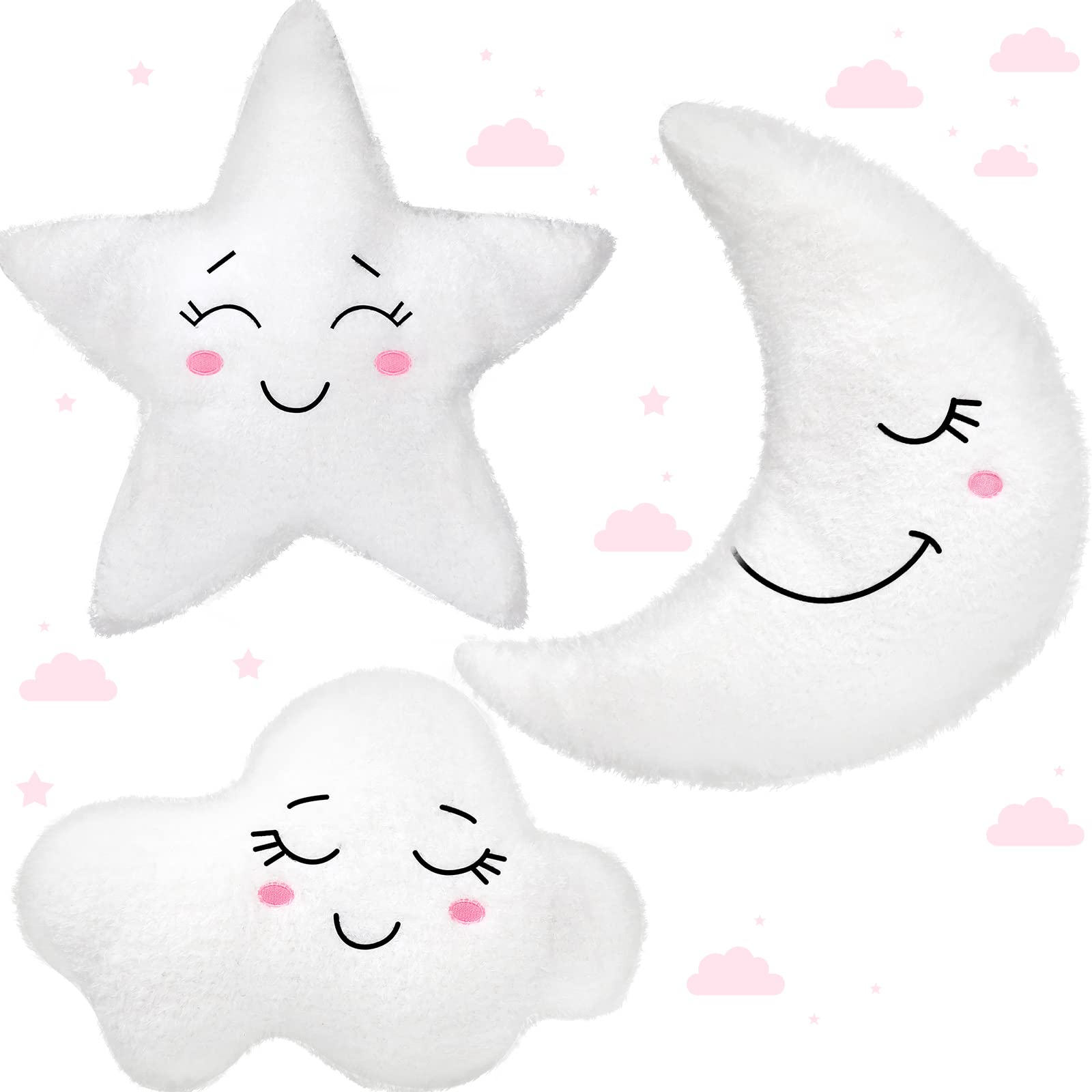 Queekay Cloud Rainbow Sun Moon Star Shaped Pillow 3 Pcs Nursery Stuffed Throw Pillows Kids Cute Cushion Children Soft Plush Pillow for Baby Room Reading Nook Decorations Gift(Moon, Star, Cloud)