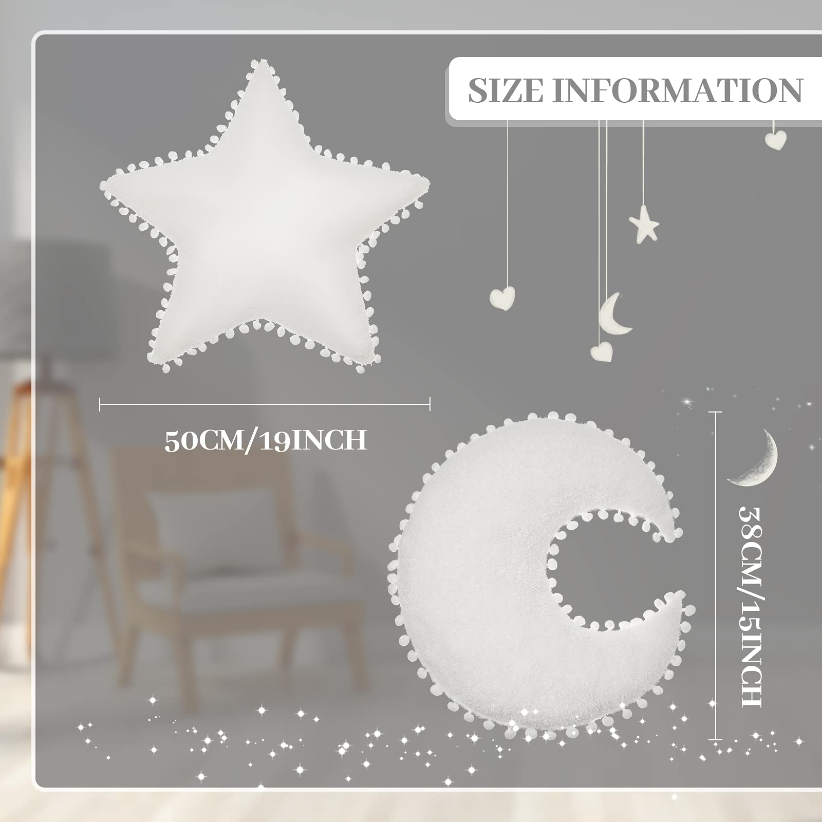 2 Pieces Star Pillow Moon Shaped Pillow Creative Star Moon Plush Pillows Soft Decorative Nursery Pillow Set for Kids Girls Boys Birthday Baby Shower (White)