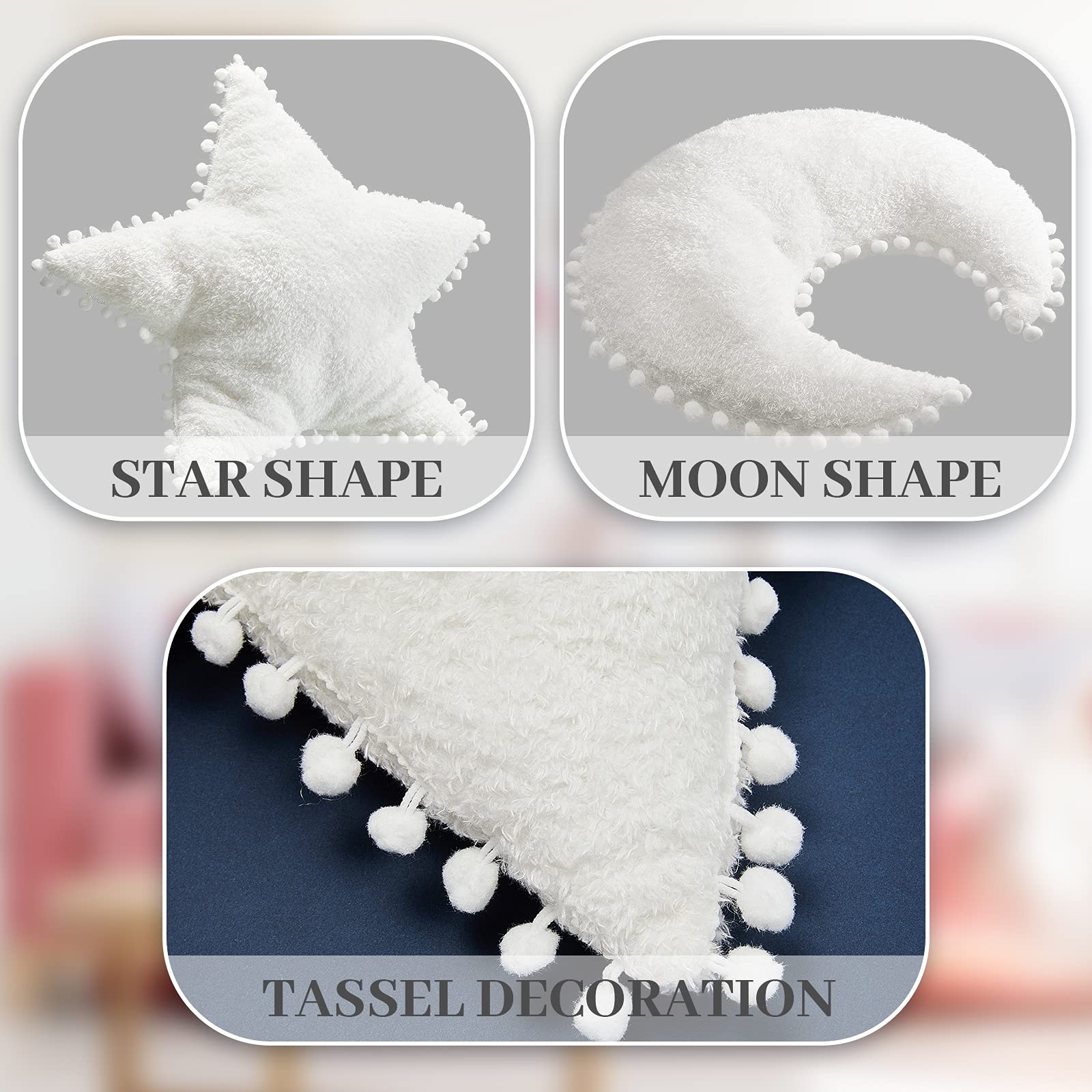 2 Pieces Star Pillow Moon Shaped Pillow Creative Star Moon Plush Pillows Soft Decorative Nursery Pillow Set for Kids Girls Boys Birthday Baby Shower (White)