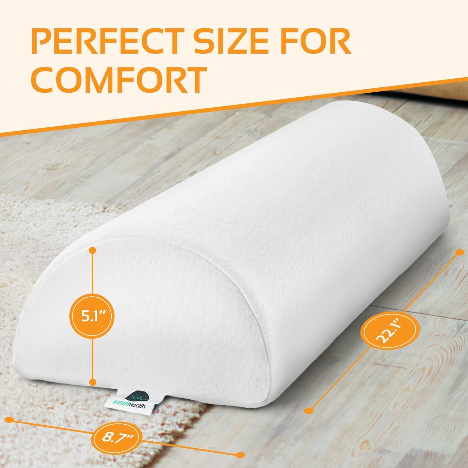 AllSett Health Large Half Moon Bolster Pillow for Legs, Knees, Lower Back and Head, Lumbar Support Pillow for Bed, Sleeping | Semi Roll for Ankle and Foot Comfort - Machine Washable Cover, White