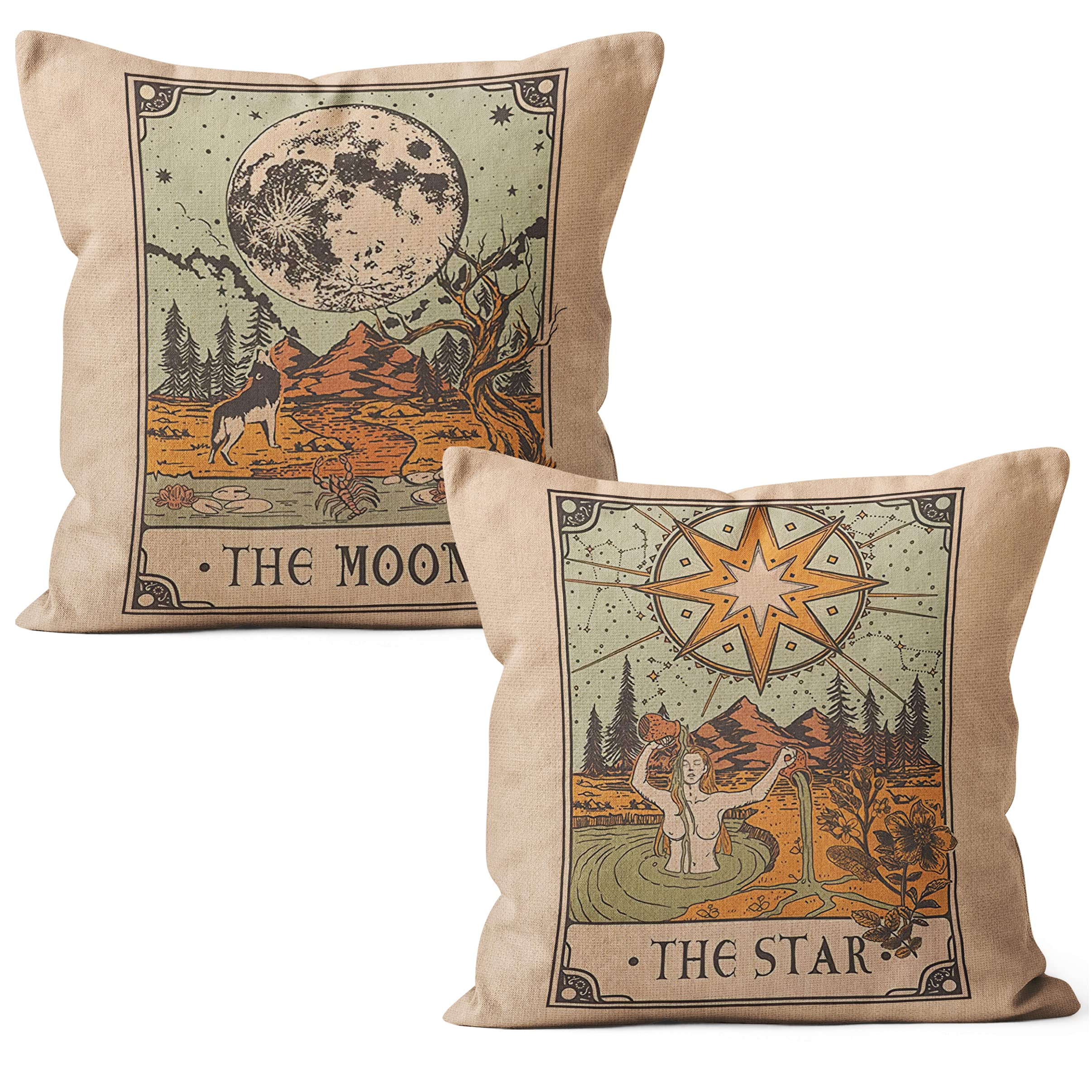 M-Qizi Tarot Card Pillow Covers Set - 2 Pieces 18 X 18 Pillow Cover Witchy, Decorative Pillows Astrology, Constellation Pillow Cover, Tarot Gifts, Witch Decor(MoonStar)