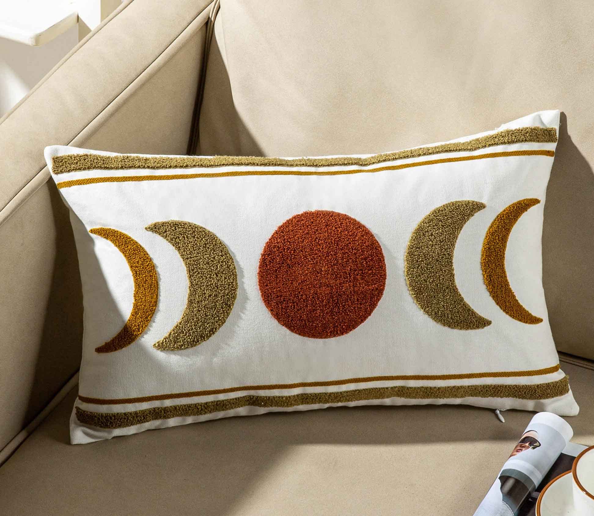 FAVDEC Embroidered Bohemian Style Moon Decorative Throw Pillow Cover, Lumbar Boho Pillow Cover 12 Inches x 20 Inches Cover Only