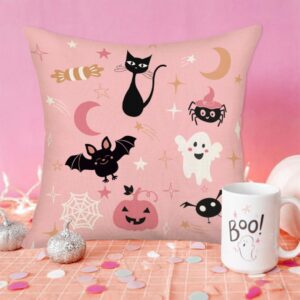 MEHOTOP Pink Halloween Throw Pillow Covers 18x18 Inch Black Cat Pillow Case Funny Ghost Pillow Decor Candy Stars Moon Pumpkin Bats Spider Web Pillowcases Holiday Decorative Cushion Case for Sofa Couch