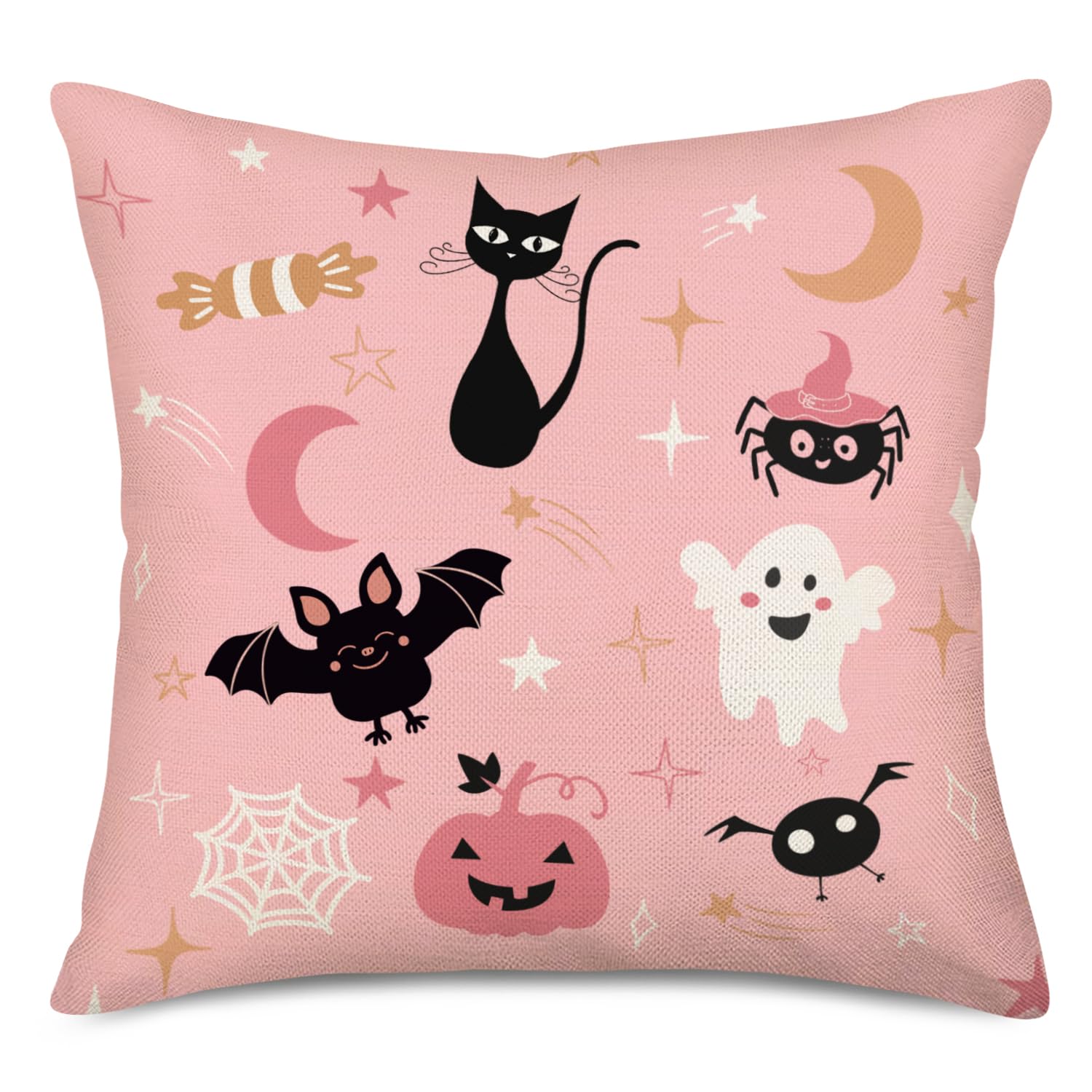 MEHOTOP Pink Halloween Throw Pillow Covers 18x18 Inch Black Cat Pillow Case Funny Ghost Pillow Decor Candy Stars Moon Pumpkin Bats Spider Web Pillowcases Holiday Decorative Cushion Case for Sofa Couch