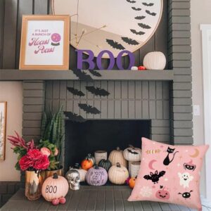 MEHOTOP Pink Halloween Throw Pillow Covers 18x18 Inch Black Cat Pillow Case Funny Ghost Pillow Decor Candy Stars Moon Pumpkin Bats Spider Web Pillowcases Holiday Decorative Cushion Case for Sofa Couch