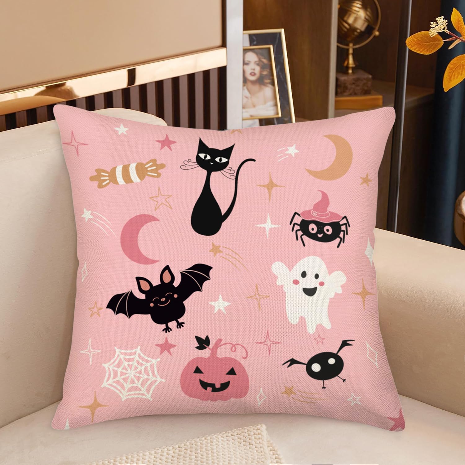 MEHOTOP Pink Halloween Throw Pillow Covers 18x18 Inch Black Cat Pillow Case Funny Ghost Pillow Decor Candy Stars Moon Pumpkin Bats Spider Web Pillowcases Holiday Decorative Cushion Case for Sofa Couch