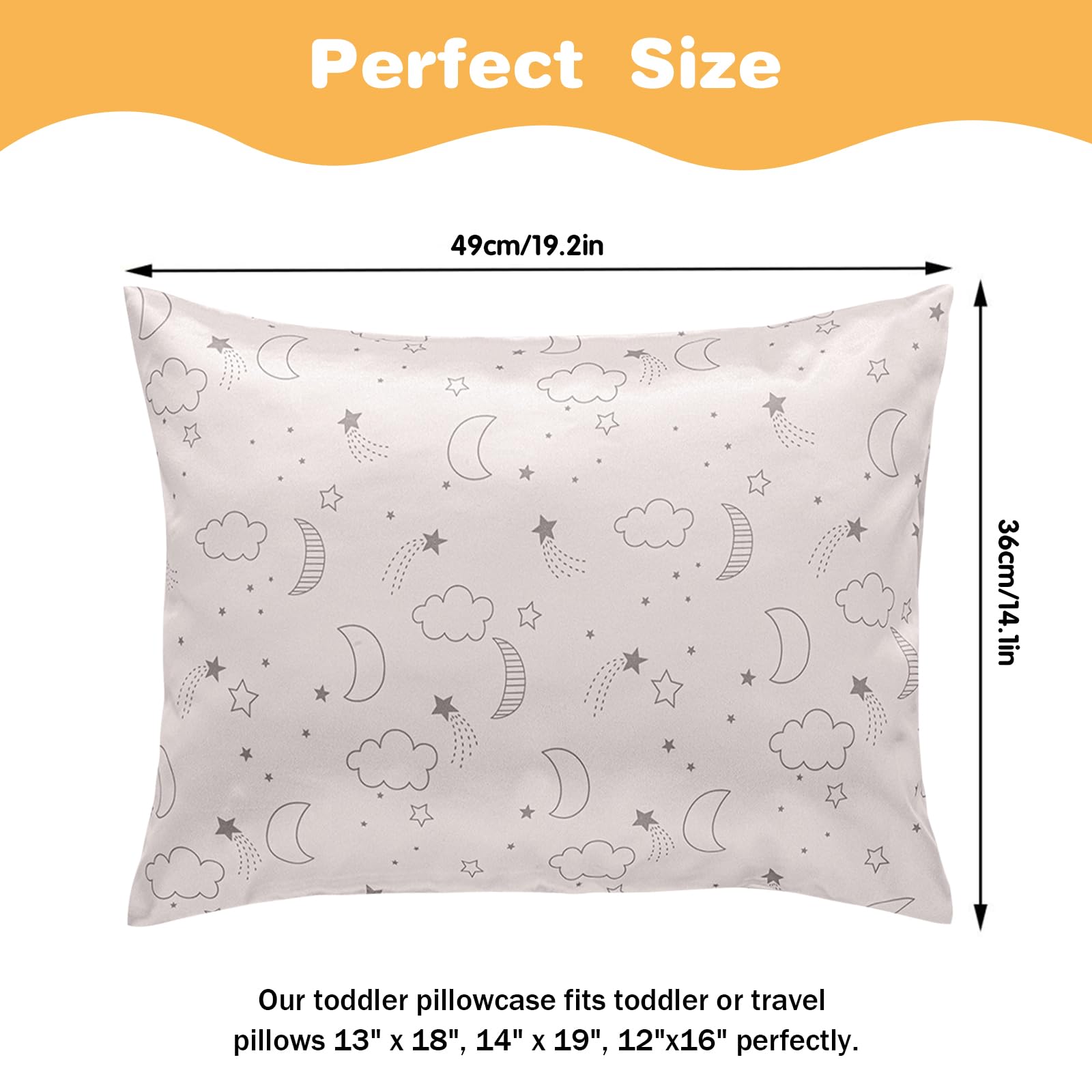 Winmany 2 Pack Toddler Pillow Cases Baby Silk Satin Pillowcases 49 x 36cm Cot Bed Envelope Pillow Cover kids Soft Travel Pillow Pair Cases for Boys Girls Machine Washable (Beige Cloud Moon)