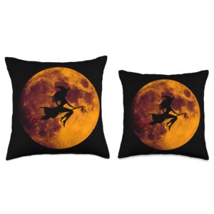 Orange Full Moon Witch Halloween Night Throw Pillow