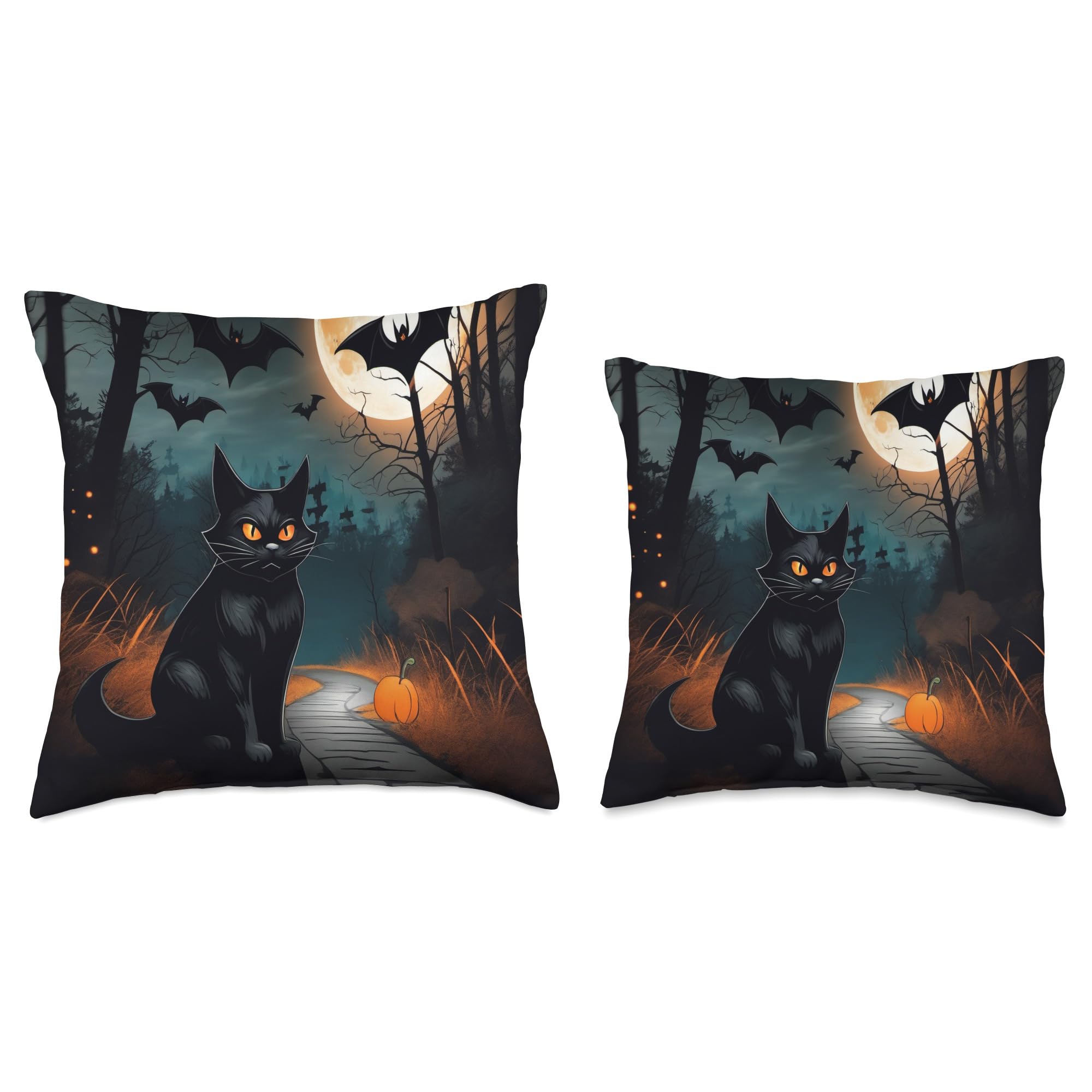 Halloween Black Cat, Spooky Night, Orange Moon, Pumpkins Throw Pillow