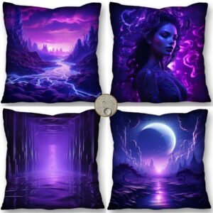 AI-Designed Moon Purple Throw Pillow Covers 30x30cm Set of 4 - Waterproof for Outdoor Use Farmhouse - for Living Room Bed Couch - Indoor Decorative Cushion Cases for Home Room Christmas Decorations