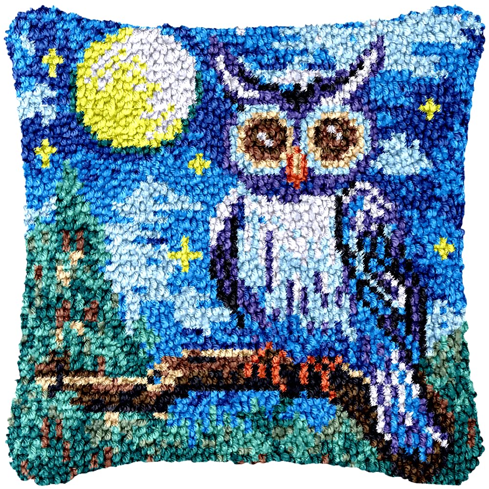 Latch Hook Kits Pillow Animal Owl and Blue Moon Cover Printed Canvas DIY Cushion Crochet Yarn Needlework Hook Latch Kit Embroidery Pillowcase Rug Home Sofa Christmas Decoration 43x43cm