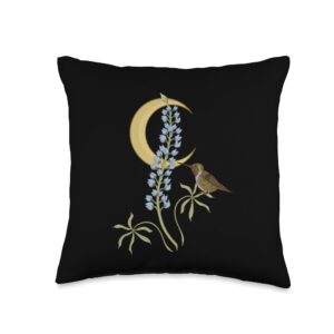 floral botanical flower cottagecore hummingbird texas wildflower bluebonnet crescent moon and hummingbird throw pillow, 16x16, multicolor