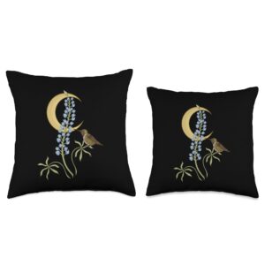 Floral Botanical Flower Cottagecore Hummingbird Texas Wildflower Bluebonnet Crescent Moon and Hummingbird Throw Pillow, 16x16, Multicolor