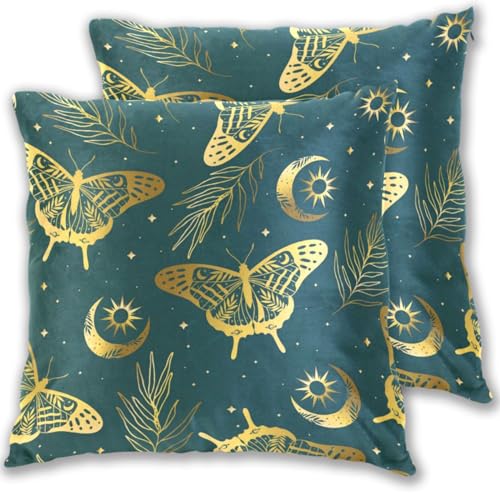 IIASOL Gold Butterflies Moon and Stars Throw Pillow Cover Set of 2-20 x 20 inch Pillowcases Square Accent Decorative Cushion Case for Living Room Bedroom Couch Sofa Chair Bed