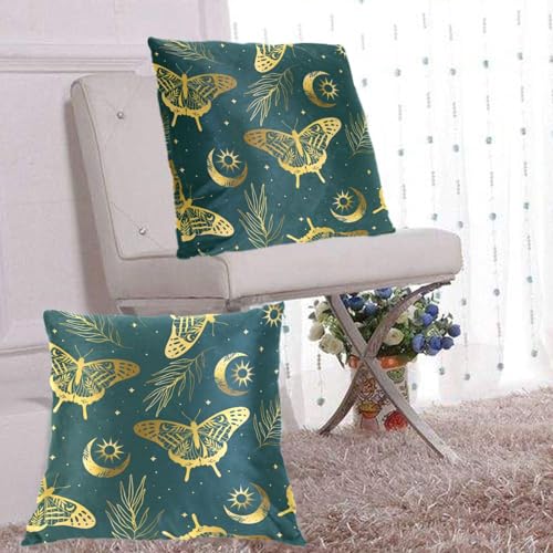 IIASOL Gold Butterflies Moon and Stars Throw Pillow Cover Set of 2-20 x 20 inch Pillowcases Square Accent Decorative Cushion Case for Living Room Bedroom Couch Sofa Chair Bed