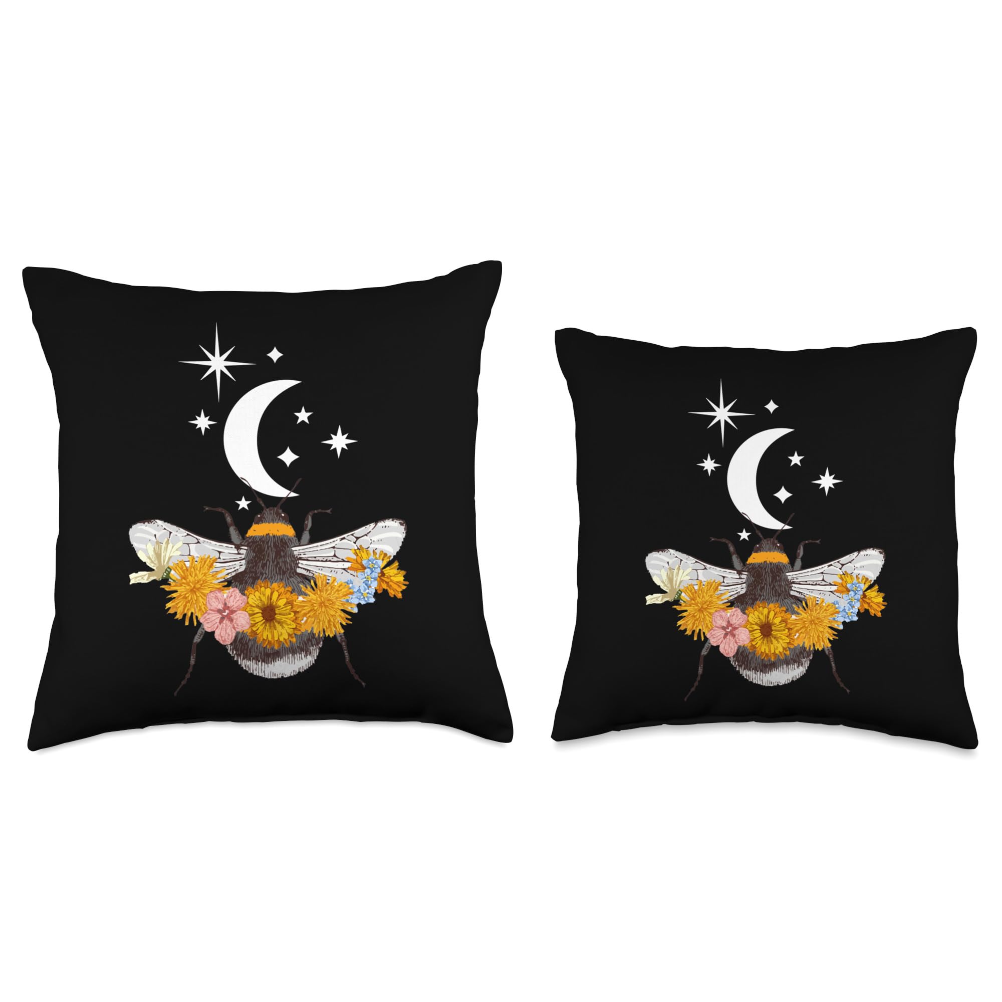 CharlIan Minds - Bee Lover Flower Art Fan Cute Wildflower Moon Stars Bees Lover Art Throw Pillow, 16x16, Multicolor