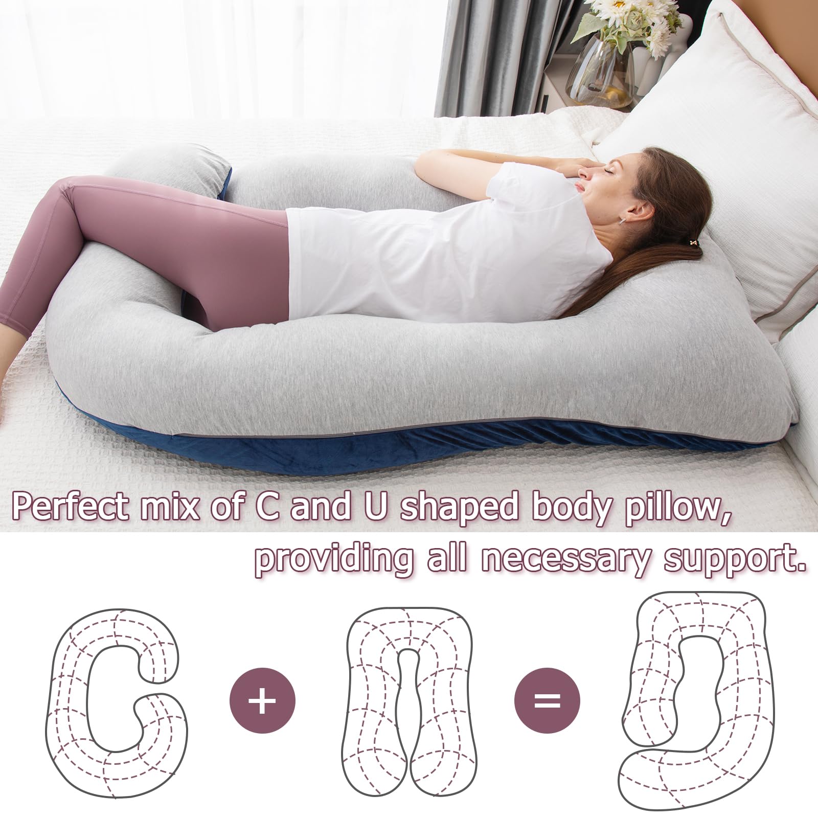 MOON PINE Pregnancy Pillow, U Shaped Full Body Pillow for Maternity Support, Sleeping Pillow with Cover for Pregnant Women (Grey Blue)