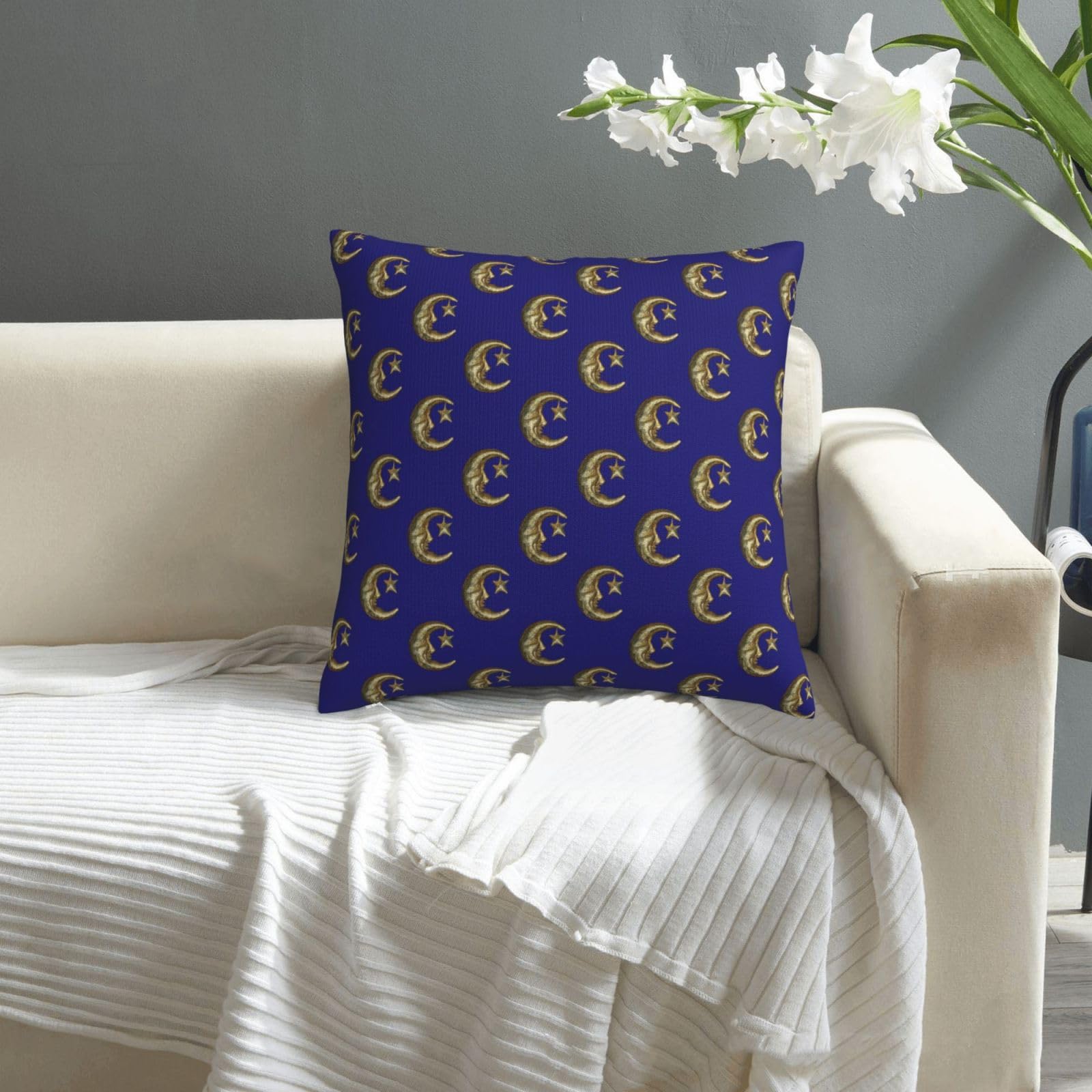 Lukbfall Bronze Moon Star Decorative Pillow Cover 18 X 18 Inch Bright Blue Moroccan Style Pillowcases Cushion Cover Square Throw Pillow Cover for Couch Sofa Bed Living Room Bedroom