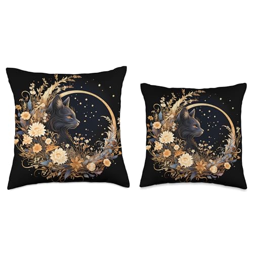 Cat Moon Flowers Merch Cat Moon Flowers Graphic Throw Pillow, 16x16, Multicolor