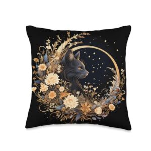 cat moon flowers merch cat moon flowers graphic throw pillow, 16x16, multicolor