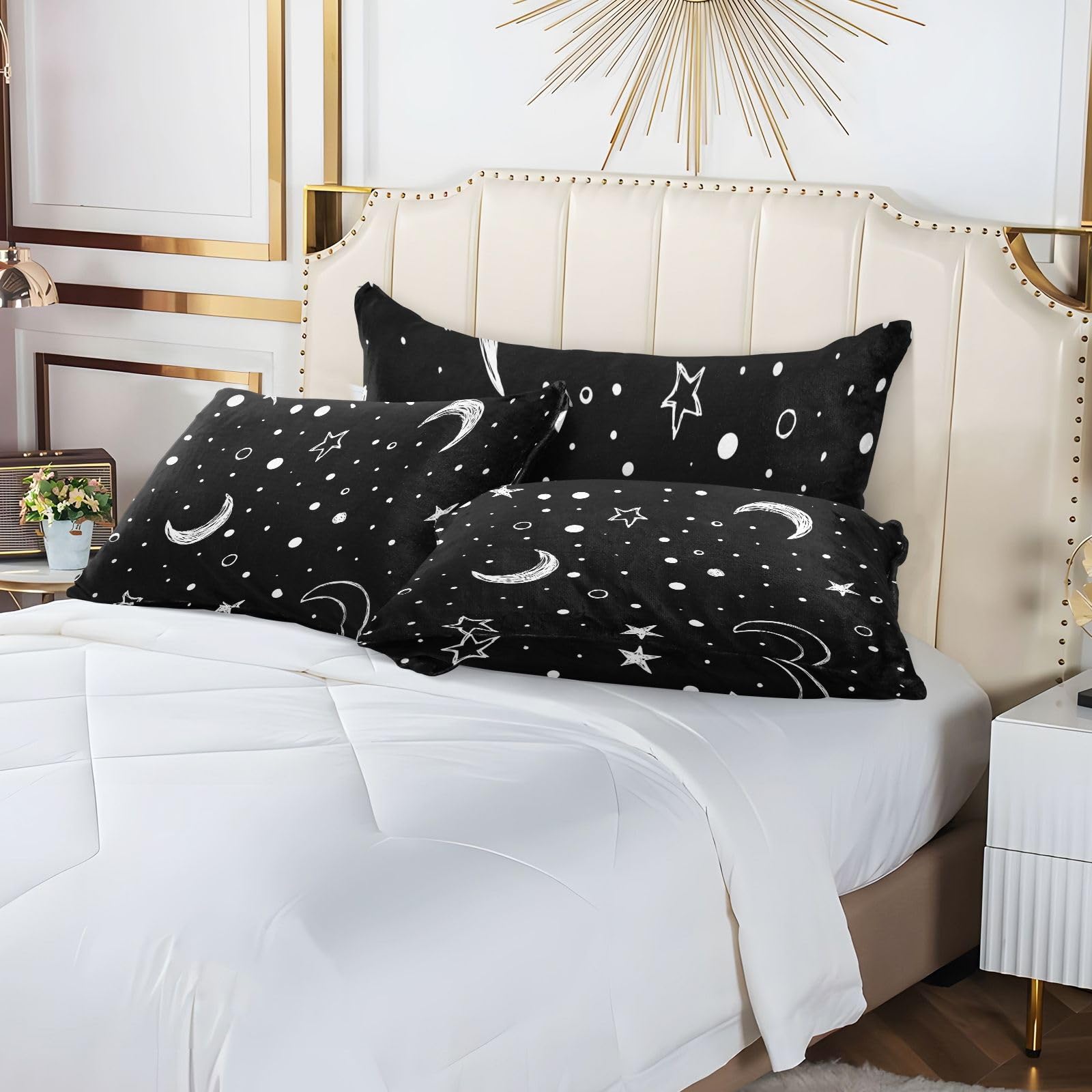 ALAZA Doodle Night Sky Moon Stars Plush Pillow Cases King Size Pillow Cover Soft & Warm Zippered Bed Pillowcase, 20 x 40 inch