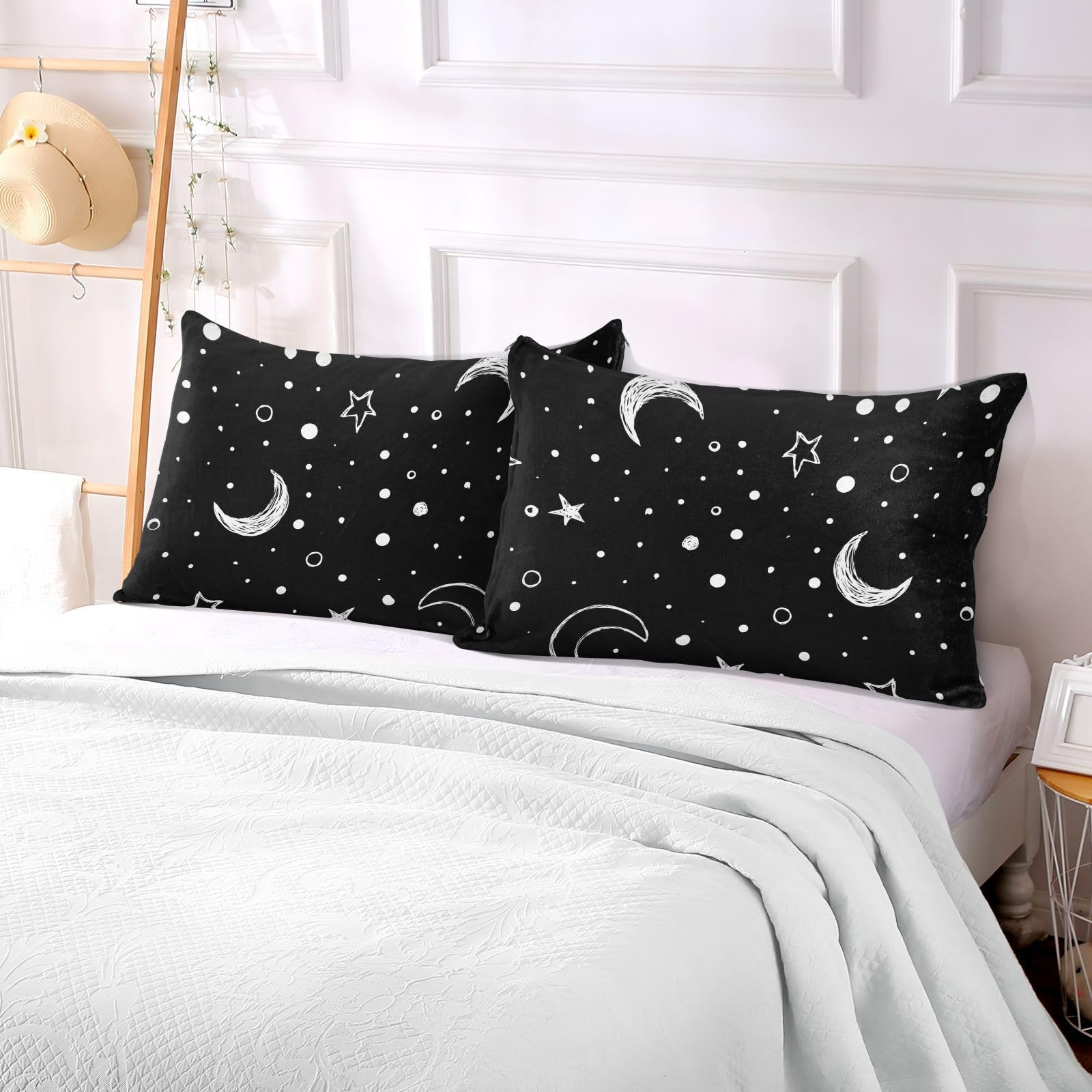 ALAZA Doodle Night Sky Moon Stars Plush Pillow Cases King Size Pillow Cover Soft & Warm Zippered Bed Pillowcase, 20 x 40 inch