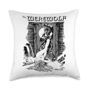 vintage horror full moon werewolf monster wolf half man throw pillow, 18x18, multicolor